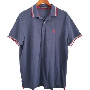 US Polo Assn Polo Shirt Mens L Short Sleeve BLUE Red Stripe Collar